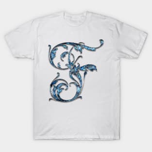 Ornate Blue Silver Letter F T-Shirt